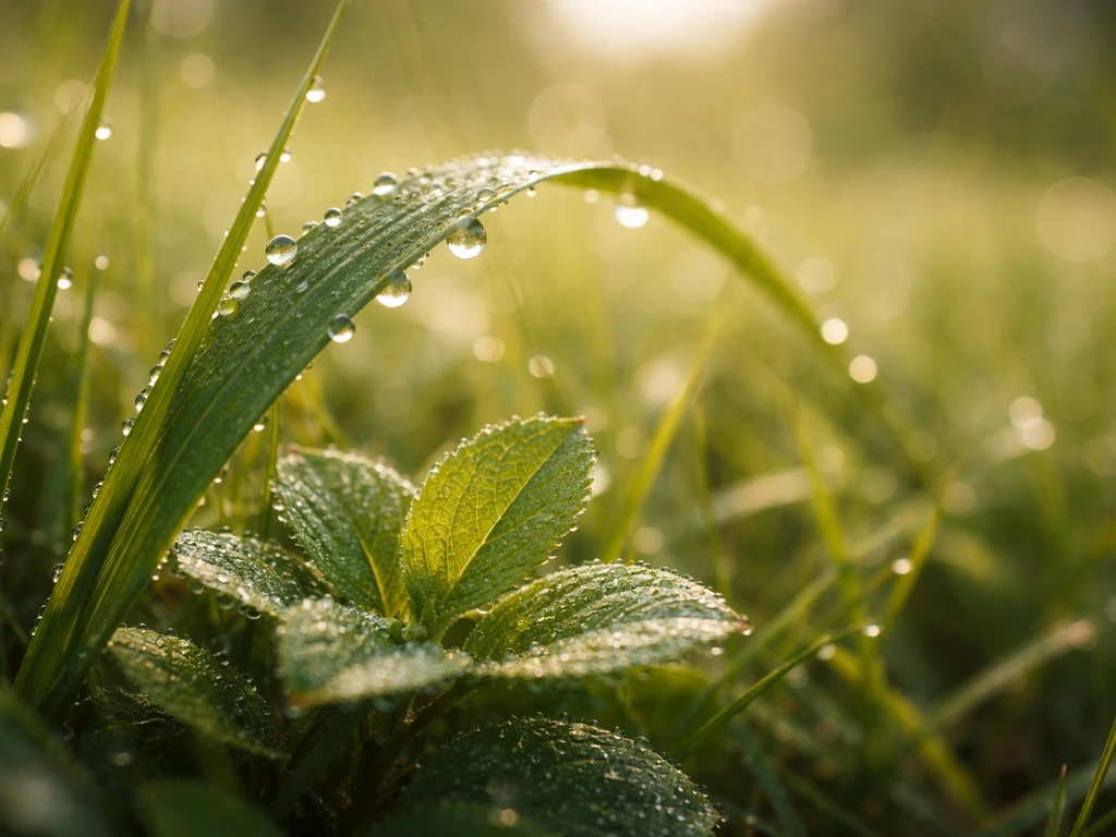 Macro d’herbe vivante éclairée par le soleil, avec texture et gouttelettes, ambiance documentaire naturaliste.
