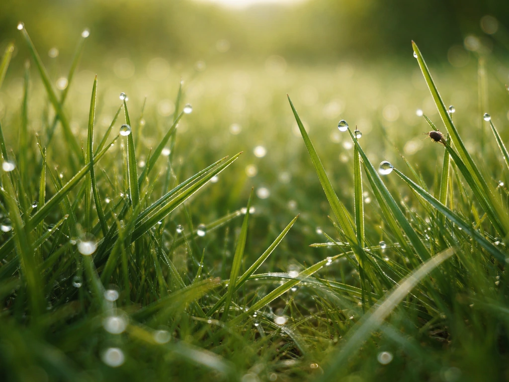 Plan macro au ras du sol sur des brins d’herbe et des insectes, lumière naturelle et fond flou