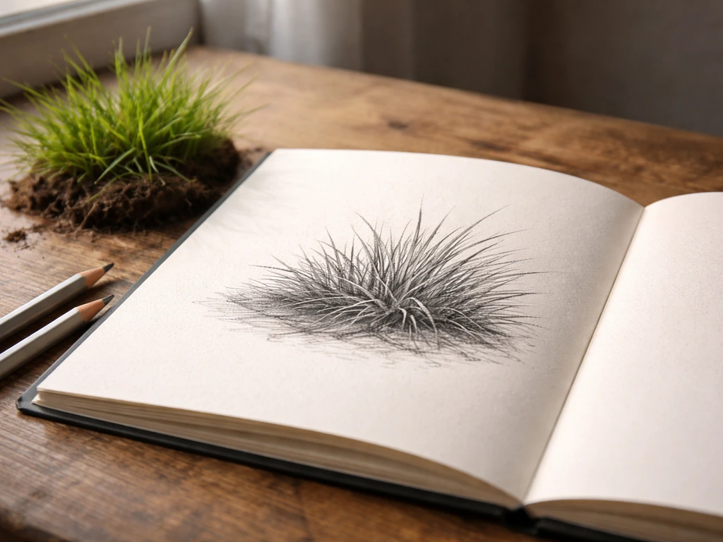 Carnet de dessin au crayon avec une étude de clair/sombre sur une touffe d’herbe, lumière naturelle.