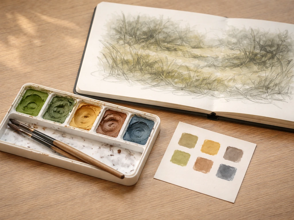 Palette de 5 couleurs et échantillons pour colorier une scène d’herbe, carnet au sol, lumière naturelle.