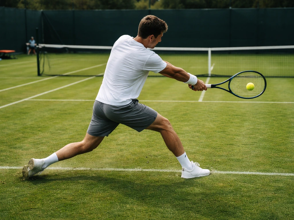 Joueur de tennis en plein revers sur un court en gazon naturel, herbe et trajectoire visibles