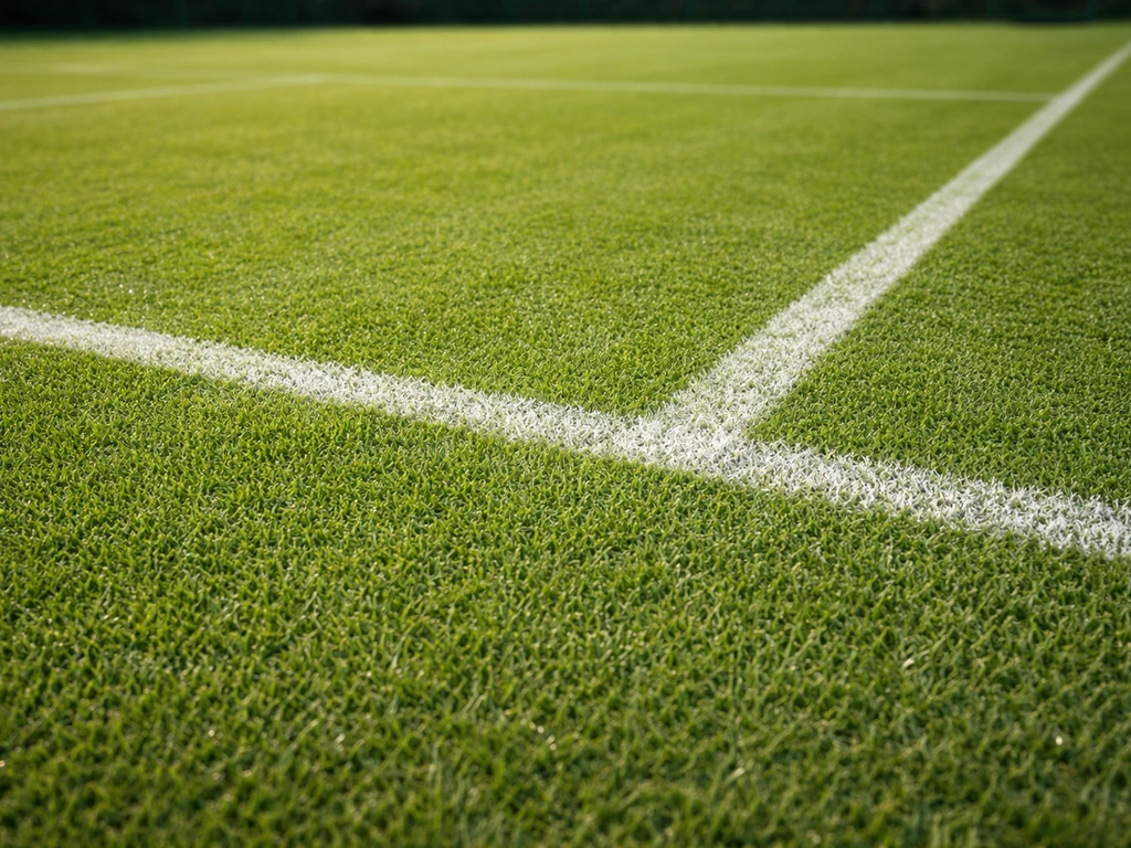 Gazon de tennis naturel vert, brins réguliers et lignes de jeu visibles, vue rapprochée sans personne.