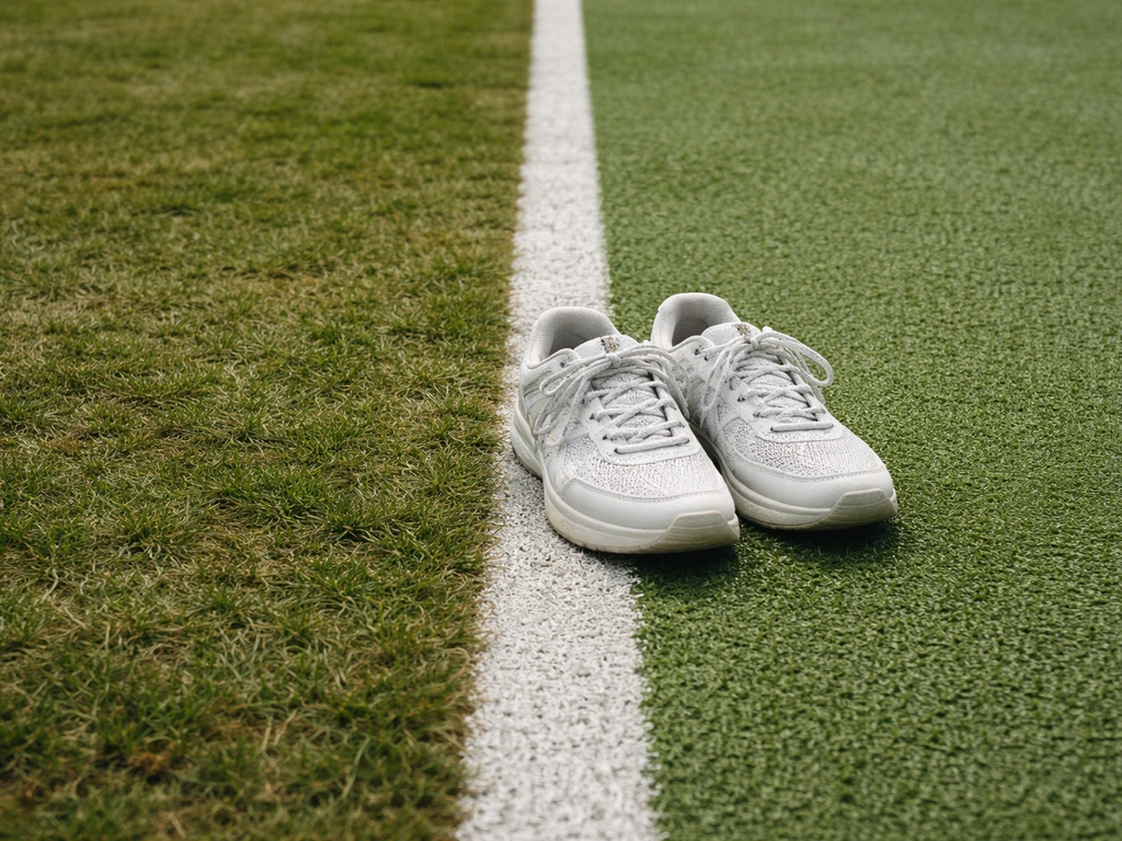 Plan rapproché d’une paire de chaussures de tennis sur un court, herbe naturelle vs synthétique suggérée par l’aspect du