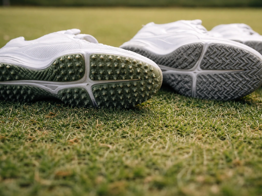 Chaussures de tennis pour gazon sur un court en herbe, semelles montrant une meilleure adhérence