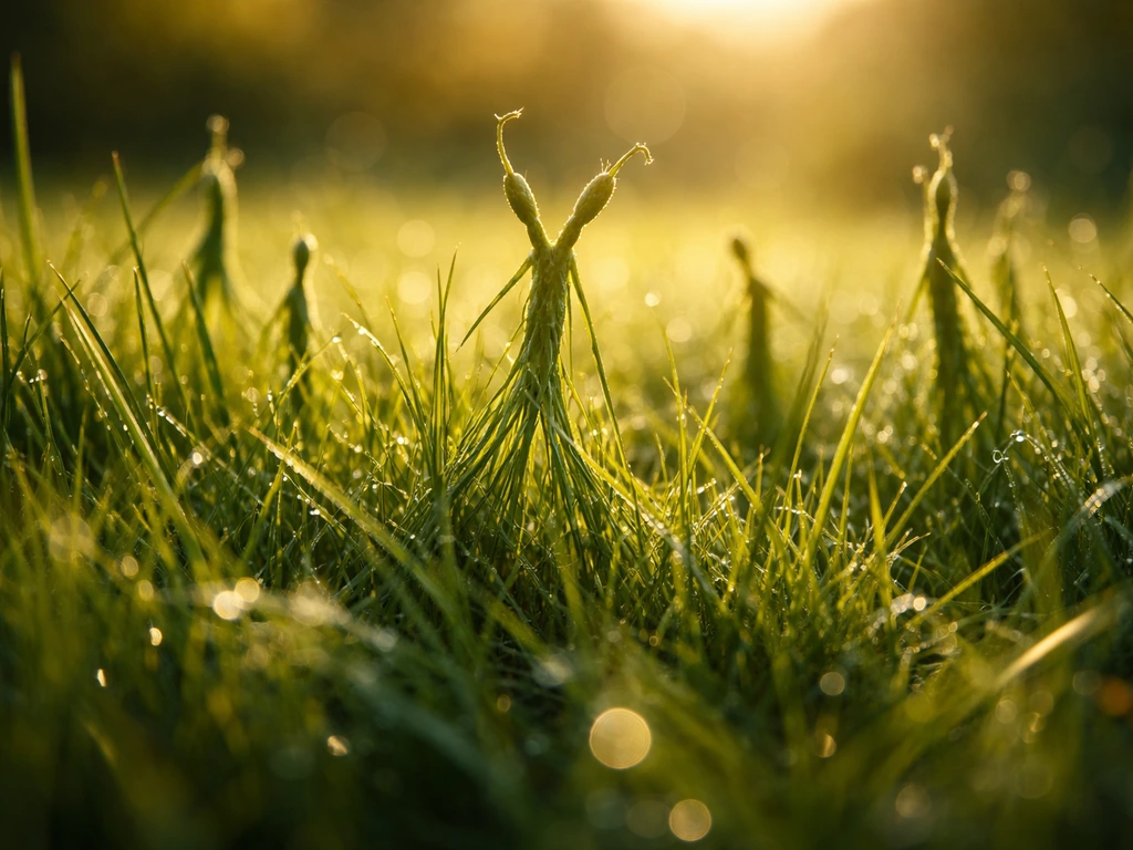 Vue au ras du sol d’une prairie où l’herbe forme des silhouettes végétales impressionnistes, sans humains.