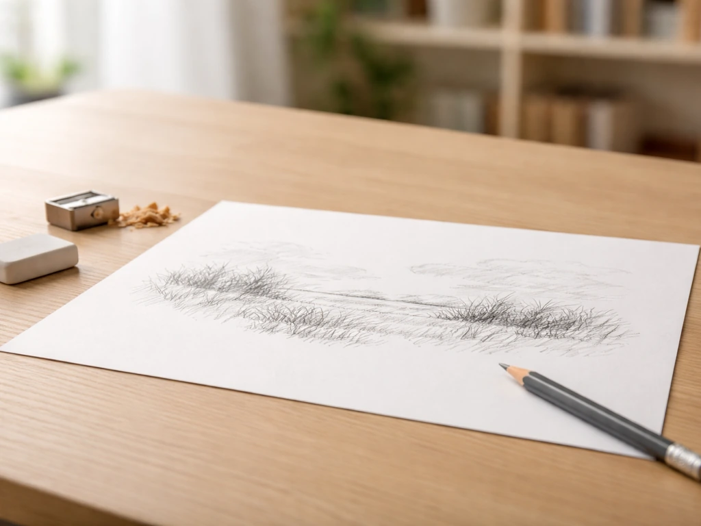 Plan de travail de dessin avec croquis simples de silhouettes d’herbe et ligne d’horizon.