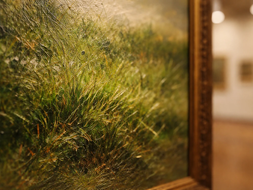 Détail d’une peinture montrant de l’herbe, texture visible, salle de musée parisienne en arrière-plan flou.