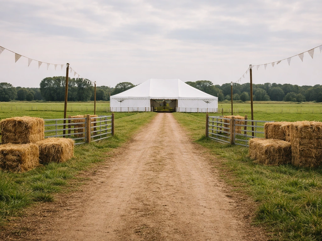 Allée d’un salon agricole en plein air, prairies verdoyantes et chapiteau, ambiance “Salon de l’herbe 2025”.