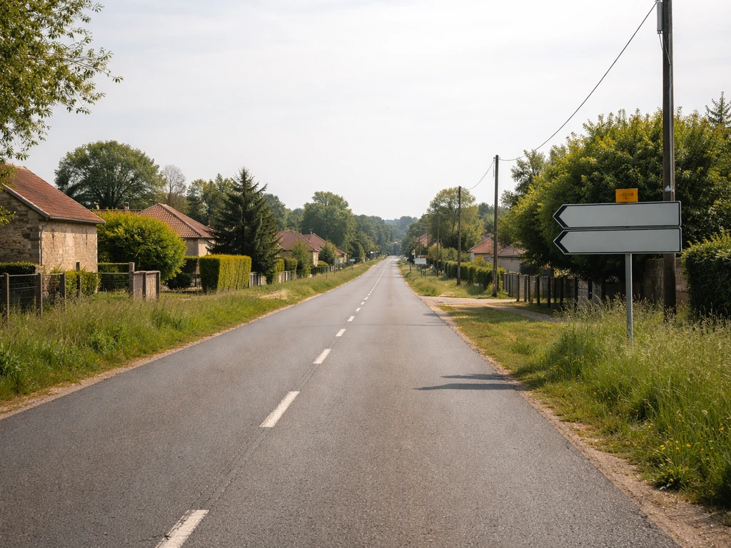 Rue calme menant à un panneau de direction, avec une vue sur Villefranche-d’Allier