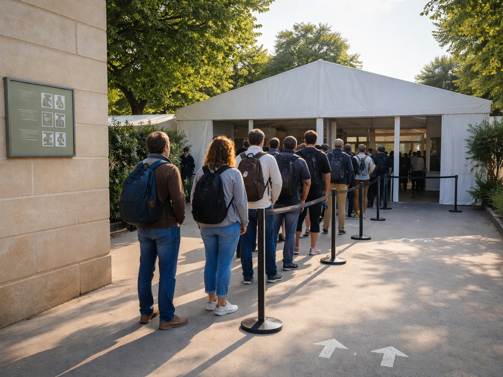 Entrée d’un salon en France avec une file d’attente et un panneau discret indiquant les horaires d’ouverture.