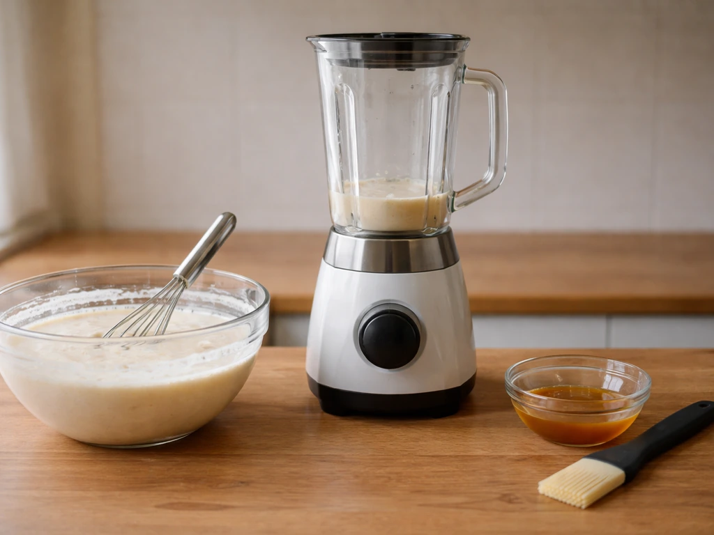Mixeur de pâte à côté d’un pinceau d’application, sur plan de travail, avec pâte et liquide fondu en arrière-plan.