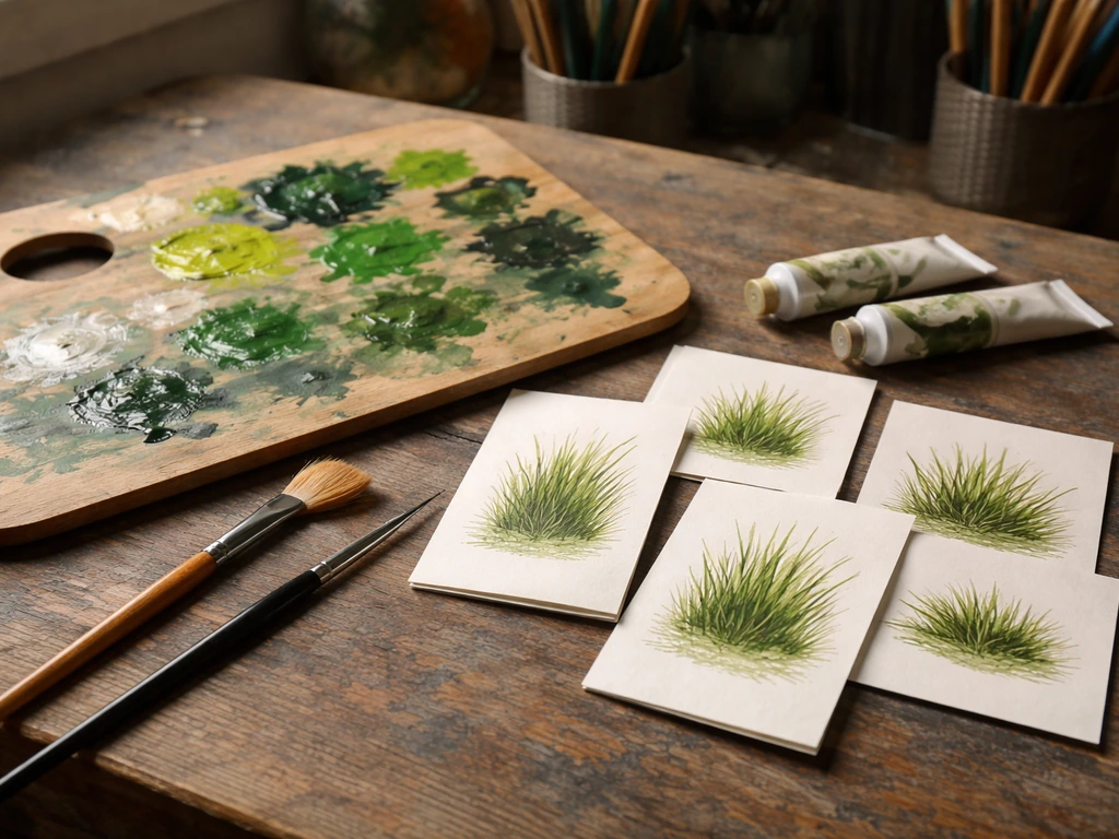 Palette de peinture verte avec pinceaux, tubes et petites touches d’herbe, montrant des mélanges chauds et froids