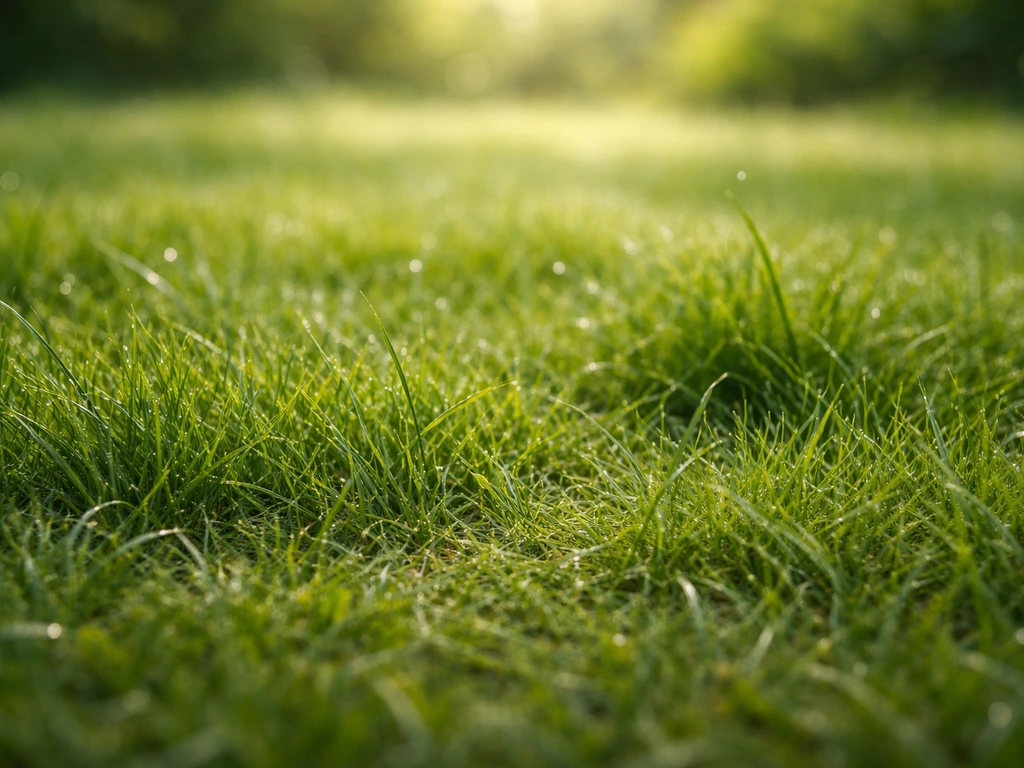 gros plan d’herbe réelle avec texture et densité variées, rosée et lumière naturelle