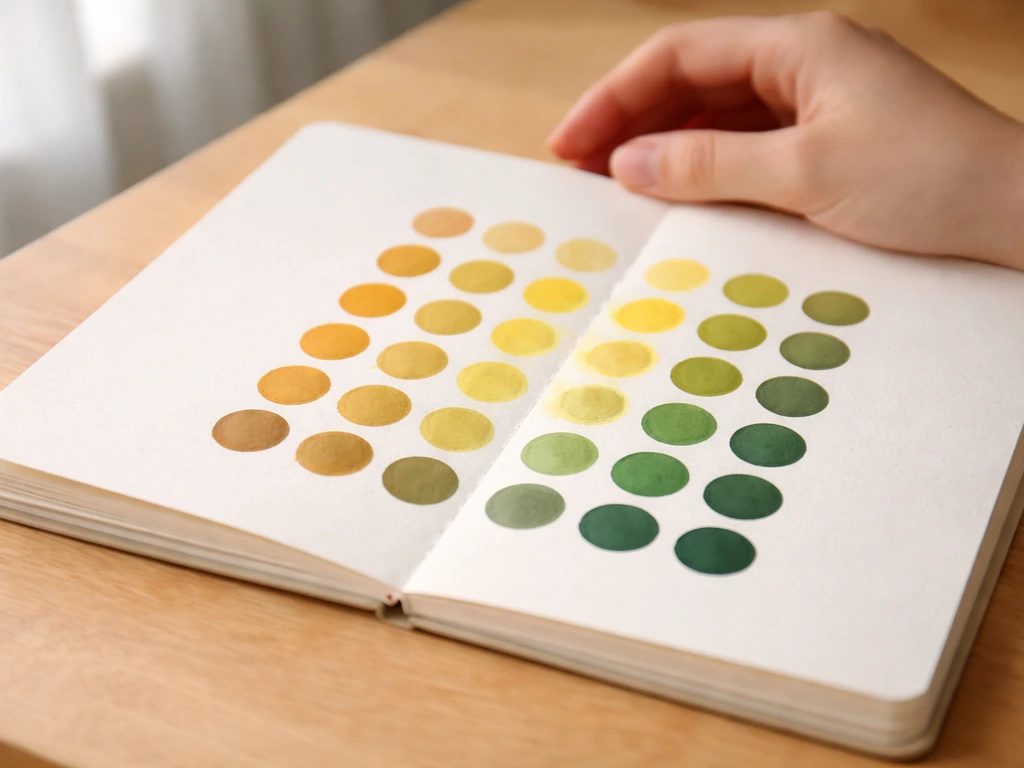 Palette de couleurs pour herbe jaunâtre avec échantillons d’ocres, verts et touches lumineuses sur fond neutre.