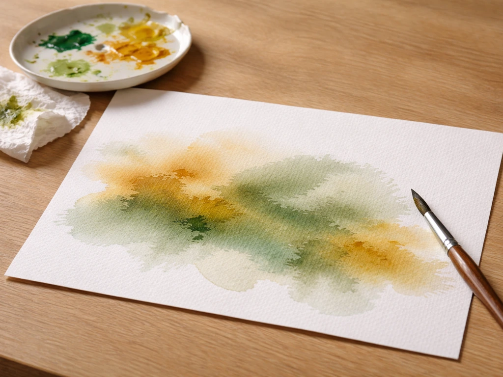 Feuille de papier aquarelle humide avec dégradés verts et ocres en cours de fusion, pinceau à côté.