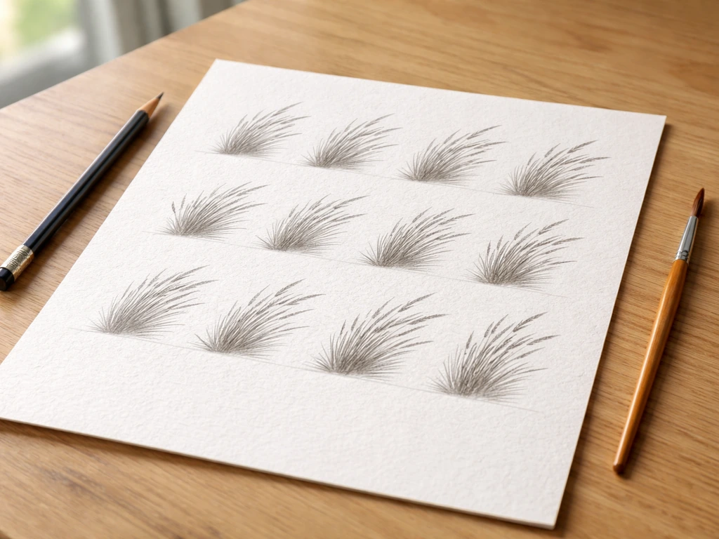 Feuille blanche avec exercices de gerbes de brins au crayon et pinceau, pinceau et crayon à côté, lumière naturelle.