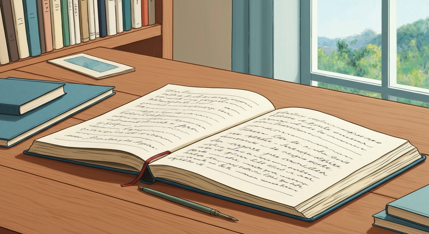 Journal intime ouvert avec un marque‑page bleu et un stylo plume, sur fond de bibliothèque floue