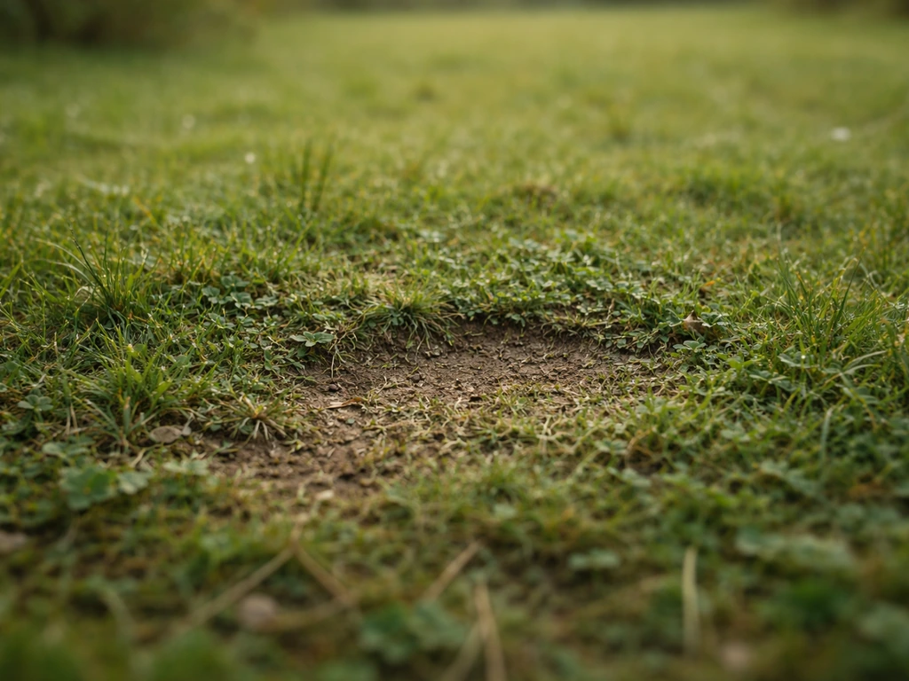 Gros plan de l’herbe et du sol avec une petite anomalie de texture indiquant le bon emplacement.