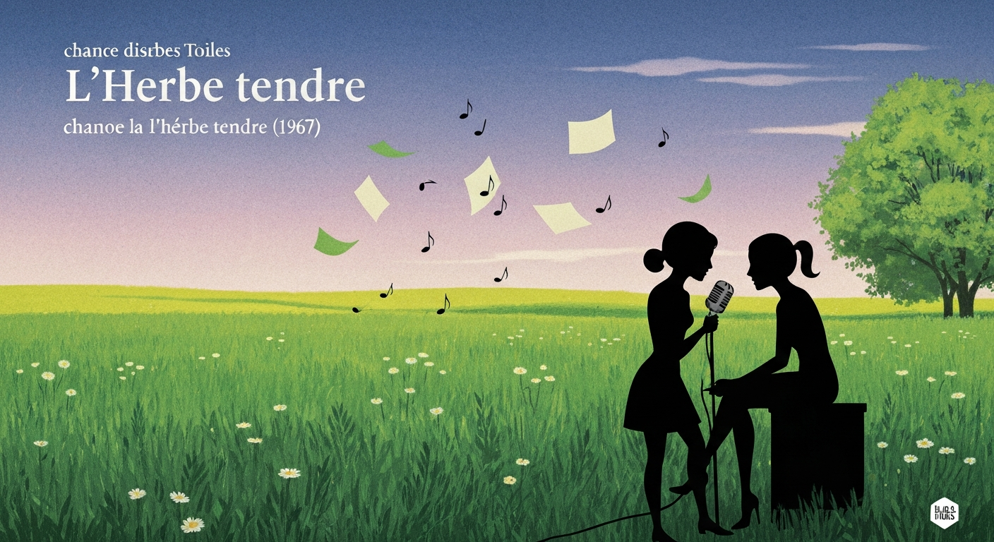 Illustration rétro d'un pré au crépuscule : deux silhouettes stylisées près d'un micro rétro, partitions flottantes et titre « L'Herbe tendre » en typographie vintage.