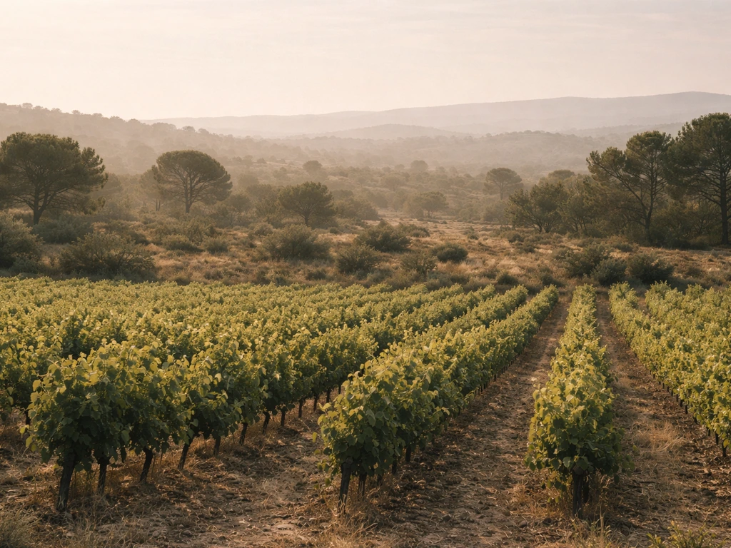 Vue documentaire du paysage du Roussillon, vignes et garrigue en lumière méditerranéenne, évocation de l’œuvre.