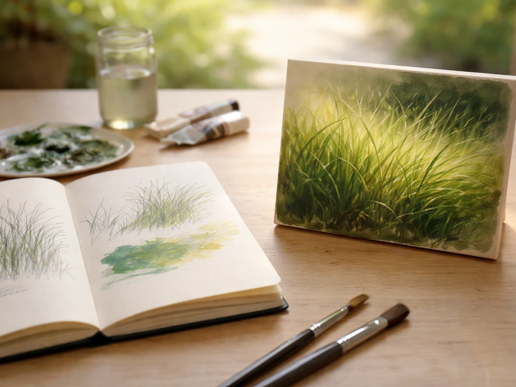 Comparaison sur une table : carnet de croquis vert à gauche et toile d’herbe peinte à droite.