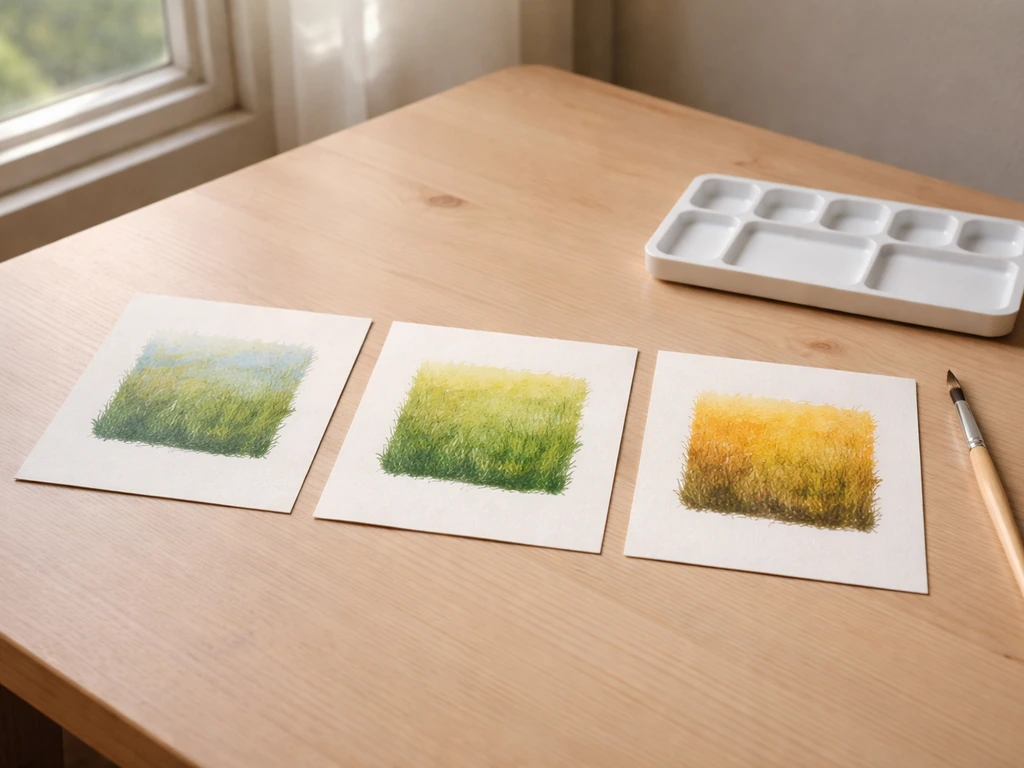Trois petits croquis d’herbe sur une table, éclairage naturel évoquant matin, midi et fin d’après-midi.