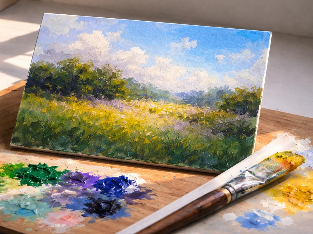 Peinture impressionniste en cours : herbe verte, ciel bleu, transitions avec touches de lumière jaune et ombres colorées