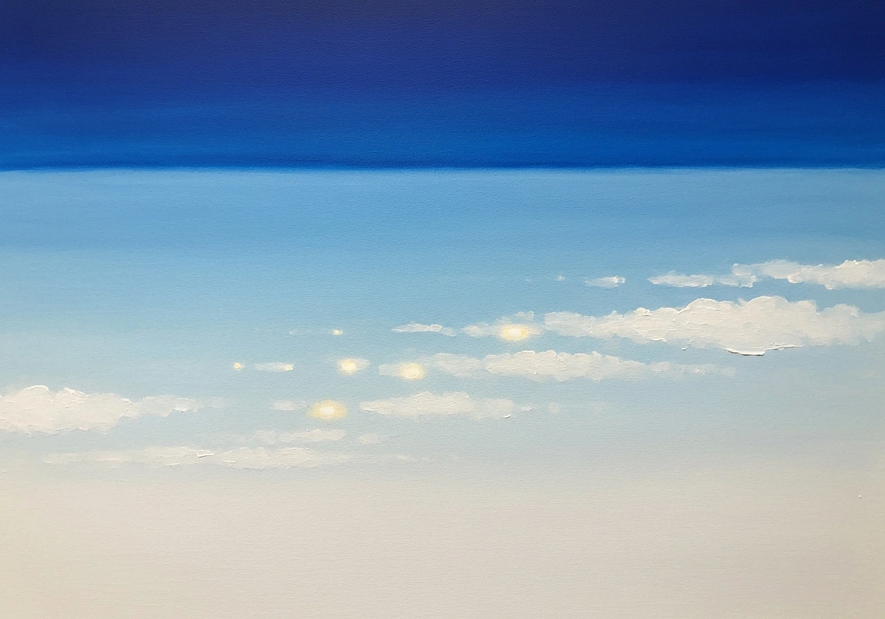 Toile de peinture : ciel bleu très dilué avec touches de blanc superposées pour créer la lumière.