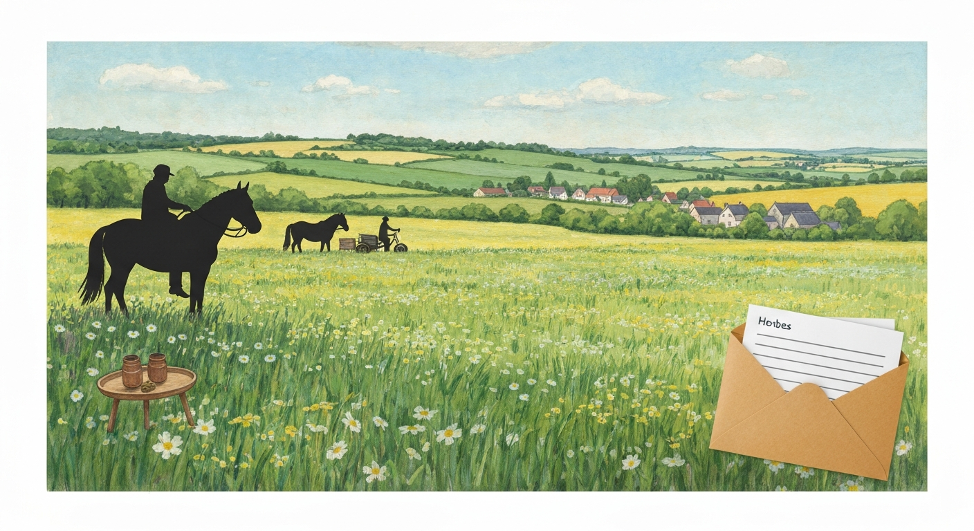 Prairie française au printemps : propriétaire et artiste se serrent la main devant un pré fauché, bottes de foin au loin, ambiance aquarelle chaleureuse.