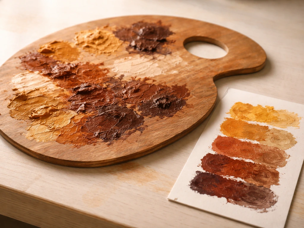 Gros plan sur une palette avec des touches d’ocres et bruns chauds façon terre et sol.