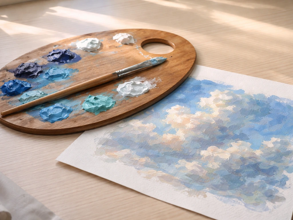 Palette et toile avec dégradés de bleus du ciel et nuages impressionnistes, touches visibles, sans texte.