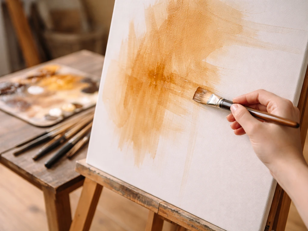 Main appliquant une sous-couche diluée de Sienne naturelle sur une toile partiellement couverte.