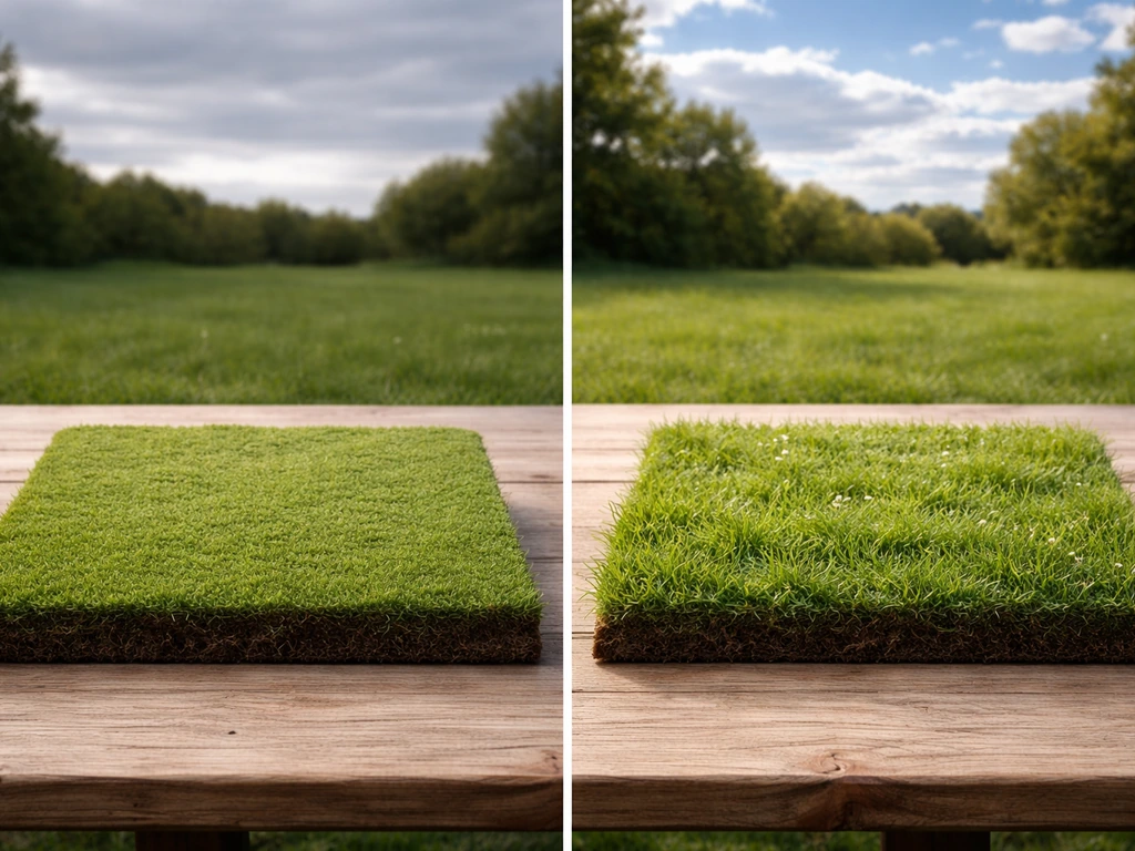 Comparaison avant/après de rendu : pelouse uniforme et ciel terne contre herbe texturée et ciel plus vivant.