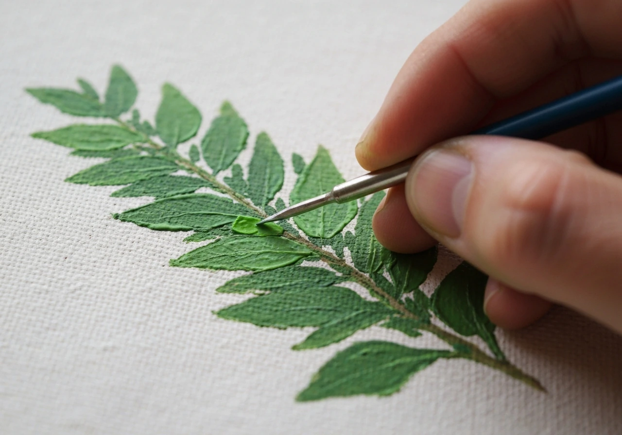 Gros plan sur un pinceau en éventail appliquant des touches de verts pour créer la profondeur d’une herbe peinte.