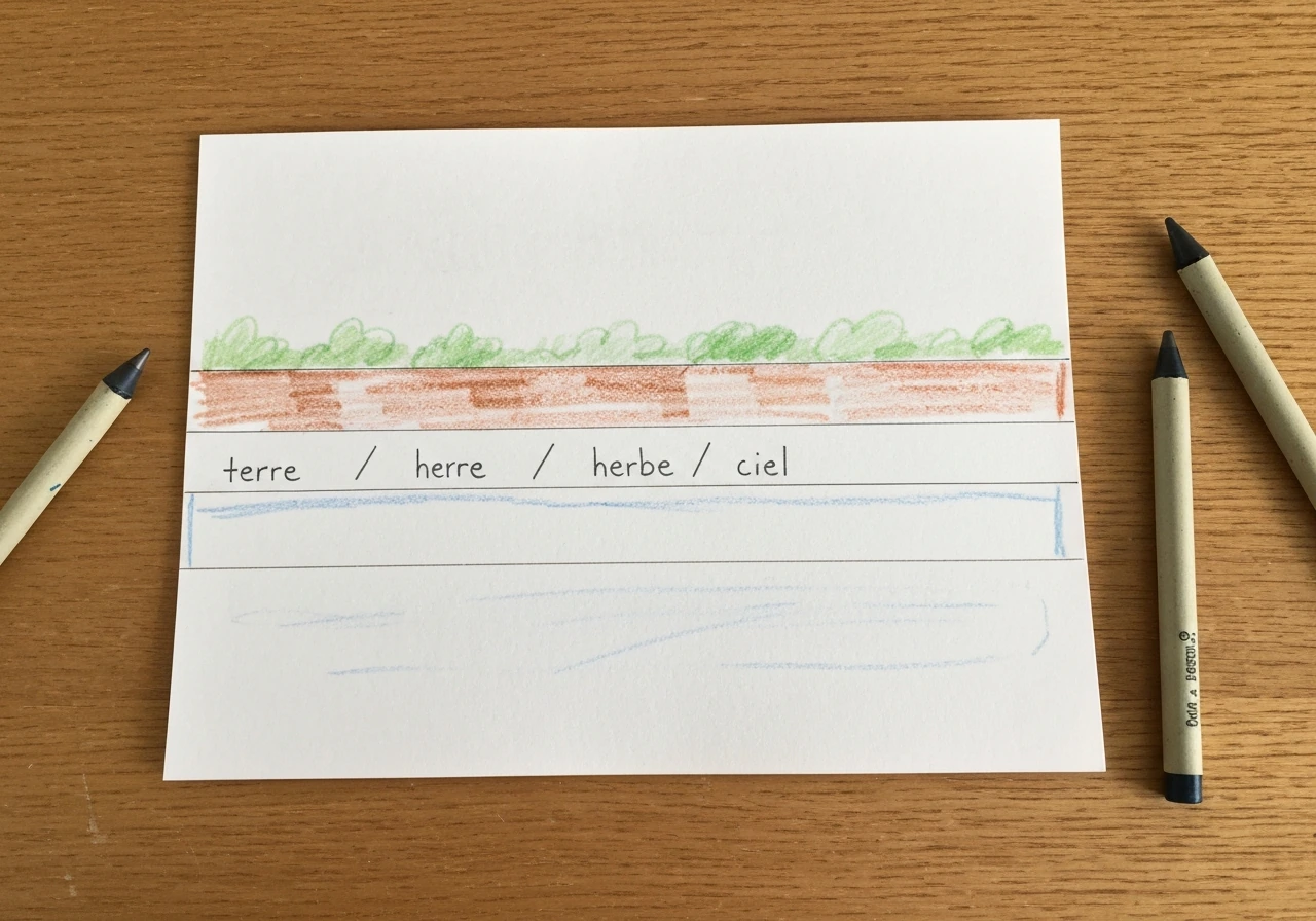 Petit carnet A4 divisé en trois bandes terre, herbe et ciel, avec aplats au crayon et au pinceau.