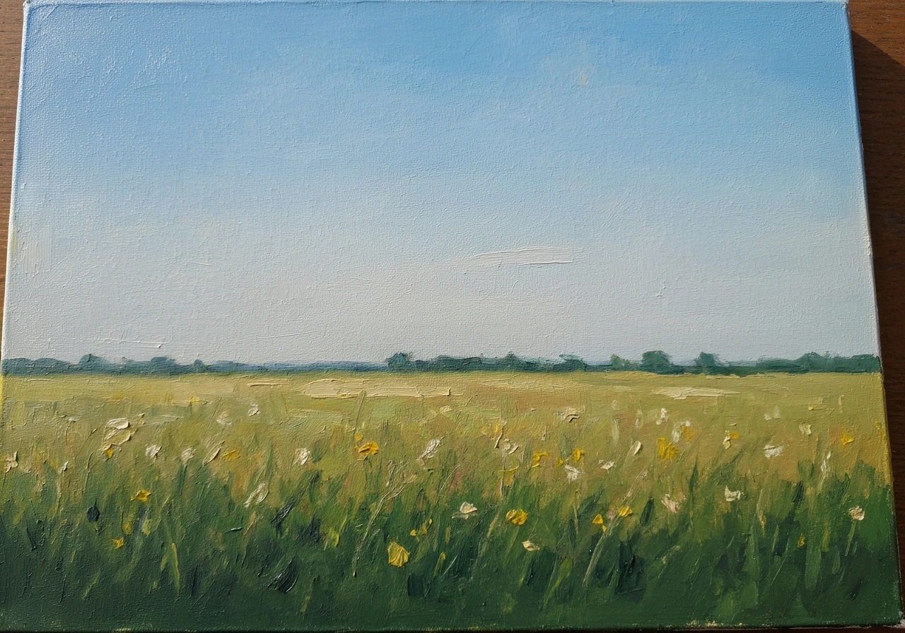 Détail pictural impressionniste : prairie et herbe vibrantes, traits au pinceau visibles, lumière naturelle douce.