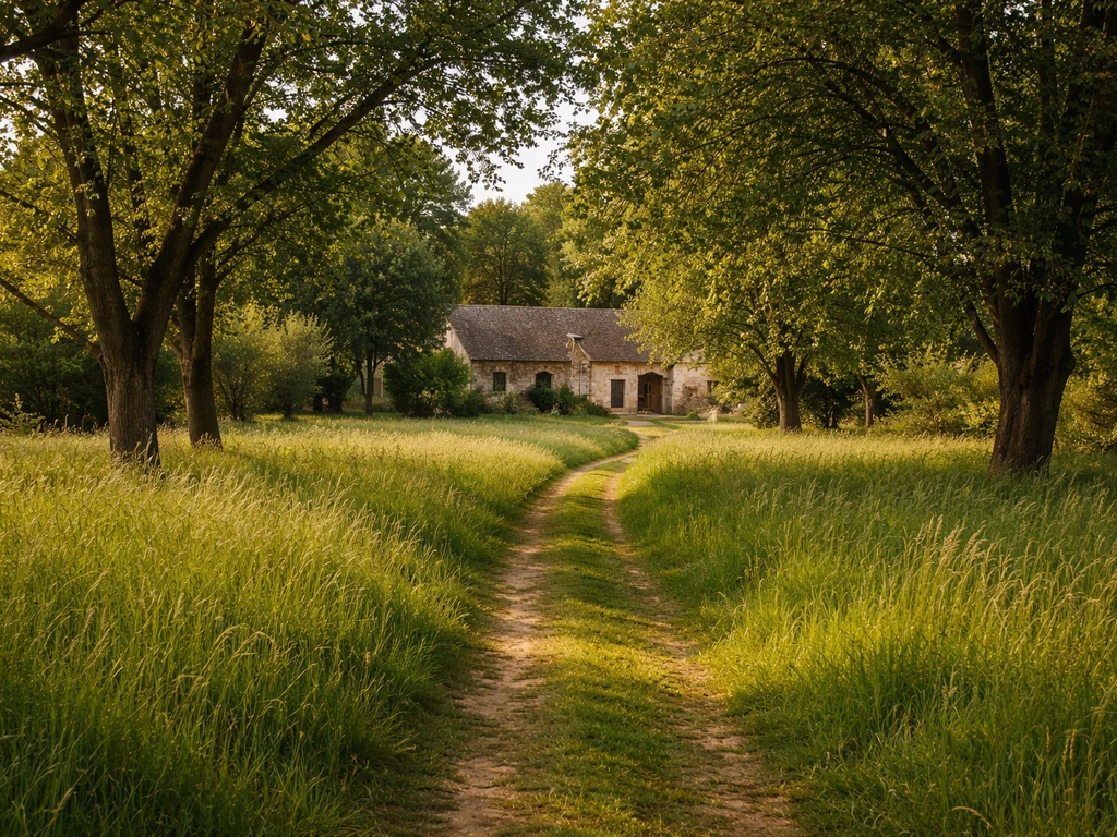 Vue champêtre de La Cour du Liège, herbe verte, arbres et paysage angevin au calme.