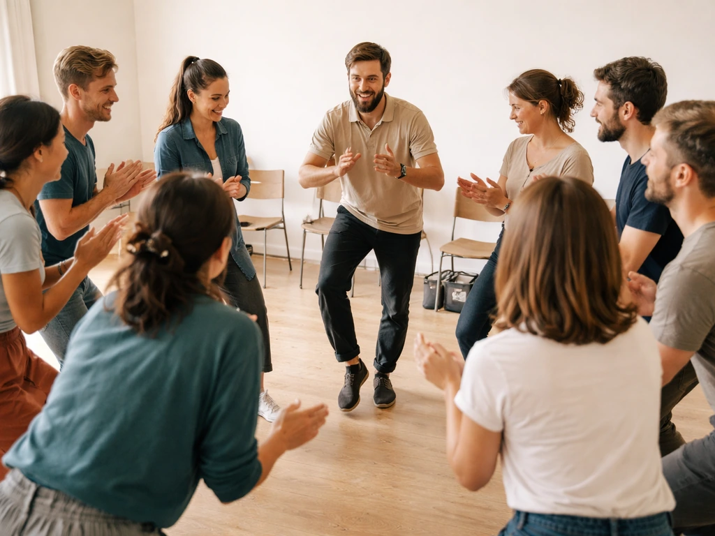 Groupe de participants en atelier musical et chorégraphique, cercle dans une salle simple, avec intervenant anonyme.