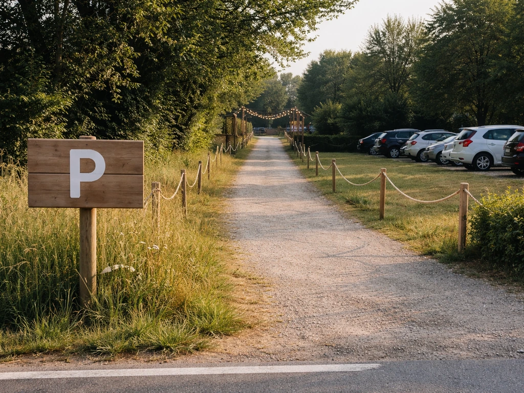 Route vers l’entrée d’un festival et parking gratuit, ambiance campagne française, sans texte lisible.