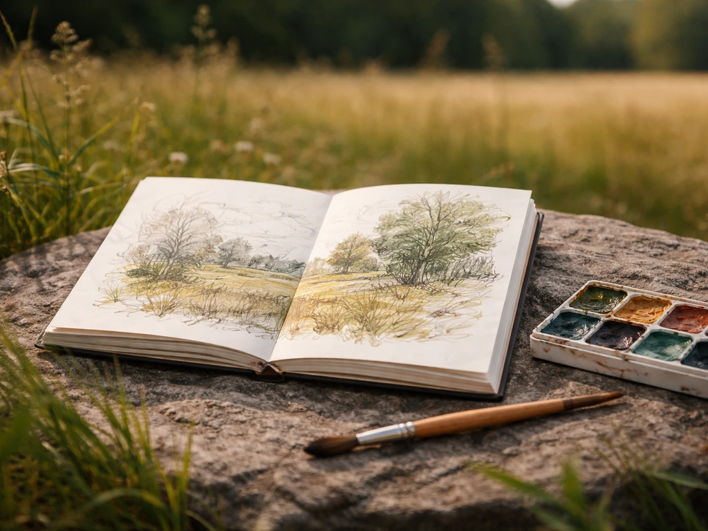 Carnet de dessin ouvert et pinceaux sur un rocher, herbe au premier plan, en peinture en plein air.