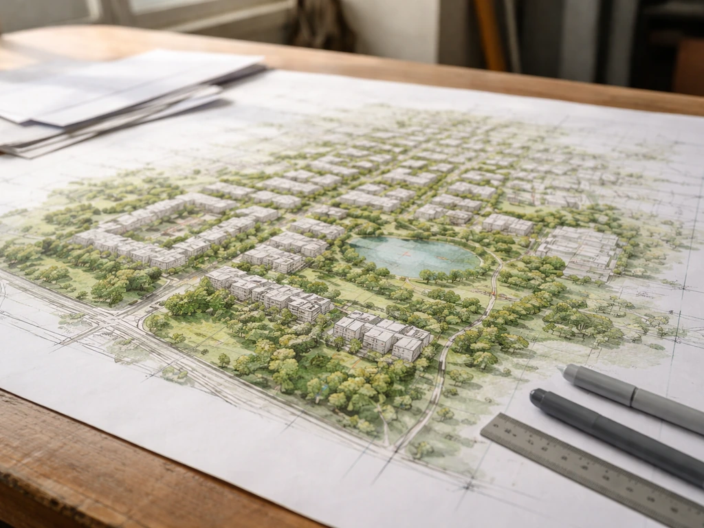 Maquette d’un plan masse sur table, zones proches nettes et denses, zones lointaines estompées pour montrer la profondeu