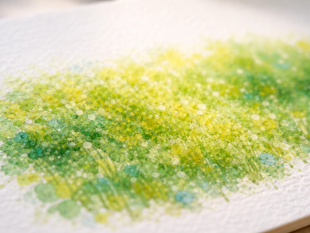 Gros plan sur une surface peinte en micro touches de couleurs vertes et jaunes, effet vibratoire.