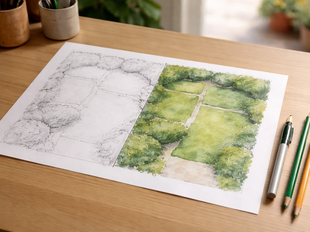 Plan masse de jardin : croquis au crayon avec zones herbeuses, puis coloris aux crayons, sur table.