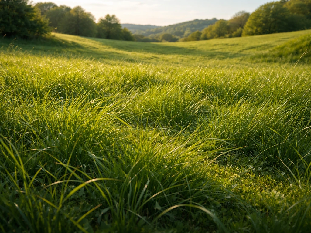 Prairie dense et ondulante avec herbe au premier plan, lumière douce et verts chauds/froids.