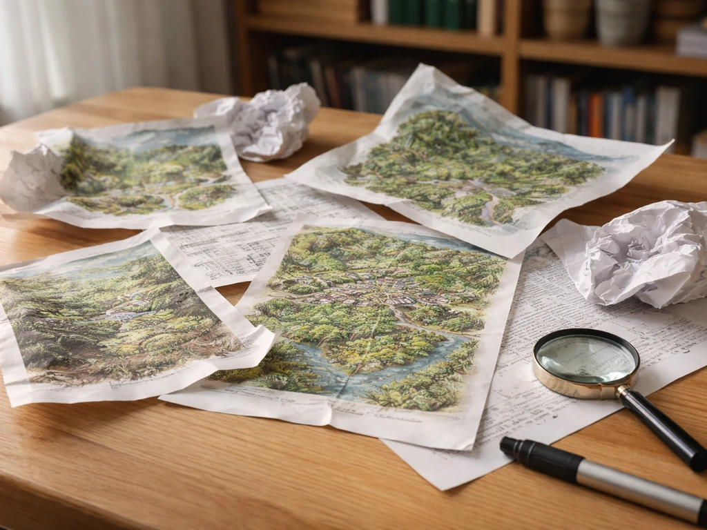 Table avec pages et cartes fictives, loupe et marqueur, suggérant plusieurs intentions de recherche autour du “pays de l