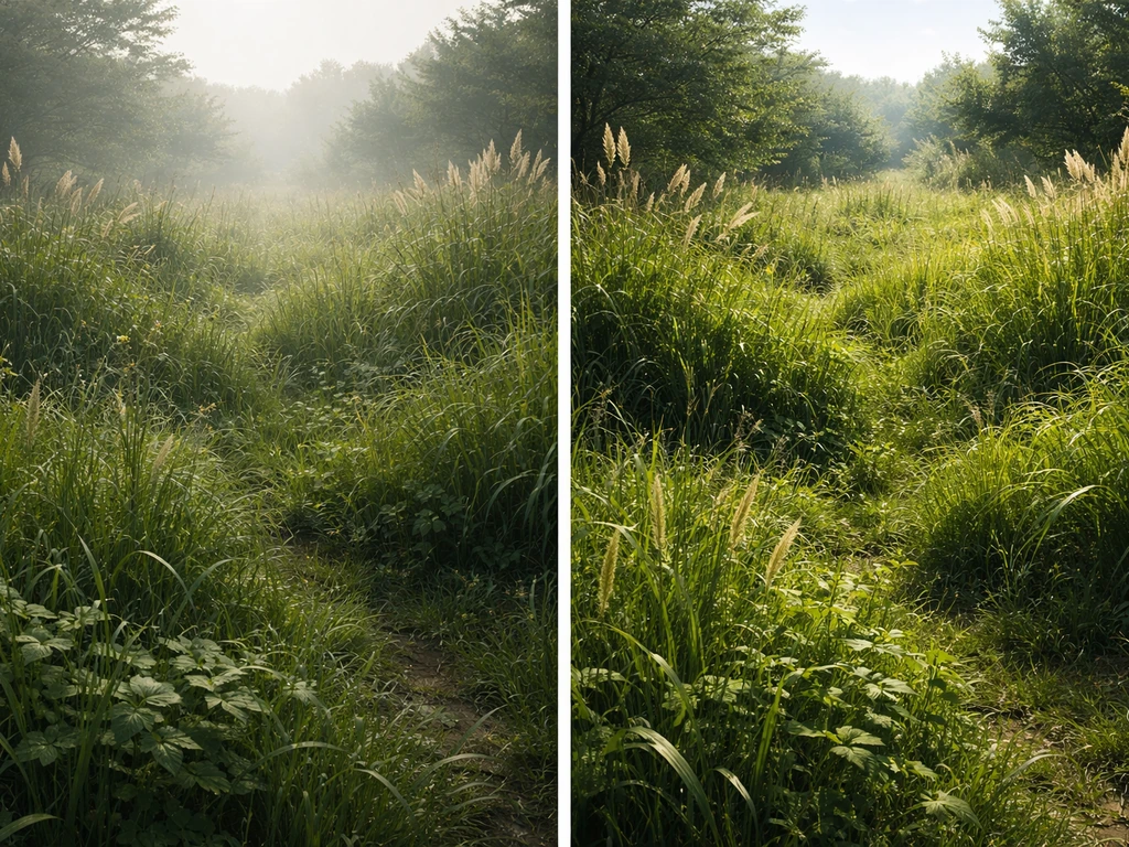 Deux cadres côte à côte d’un paysage couvert d’herbes denses, lumière matinale puis plus vive.