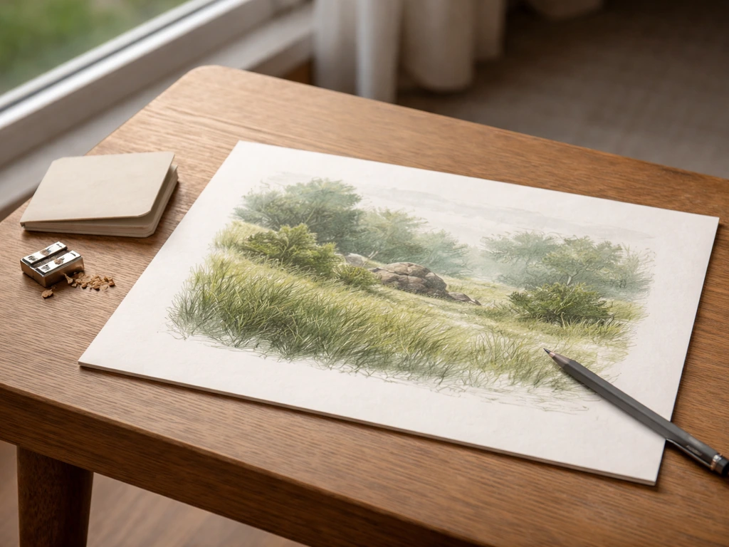 Feuille de croquis paysager en trois zones avec masses d’herbe et outils de dessin, lumière naturelle.