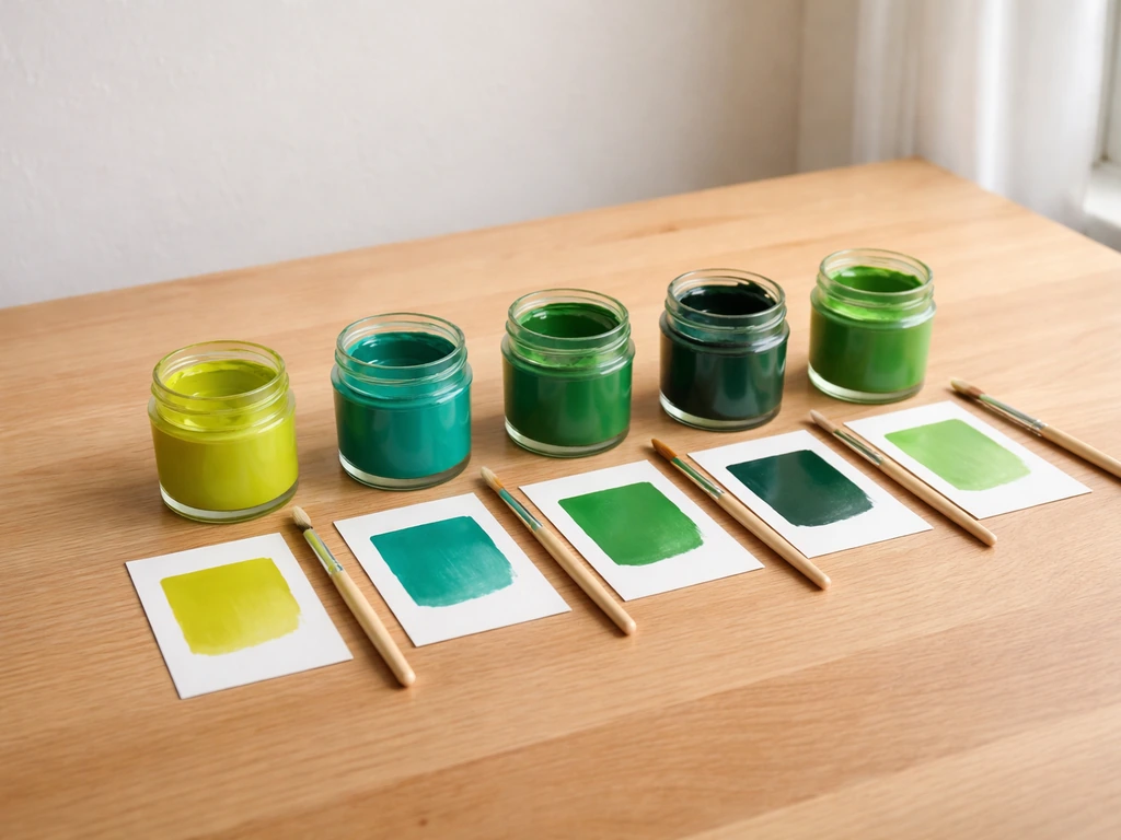 Palette de verts avec plusieurs pots et échantillons de peinture verts sur table près d’une fenêtre, lumière naturelle