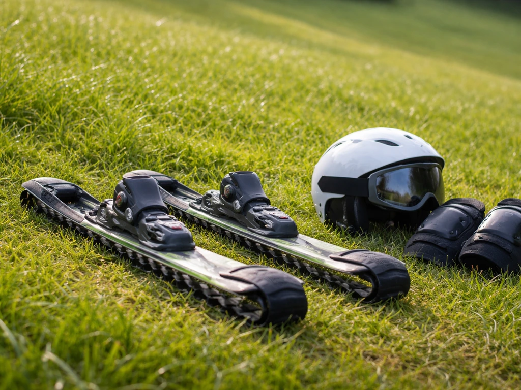 Skis à roues avec casque et genouillères posés sur une pente d’herbe, prêt pour l’entraînement.