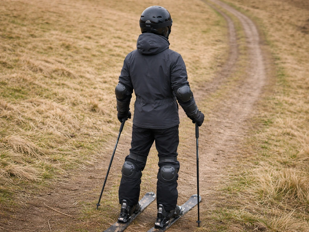 Skieur anonyme à l’arrêt sur une pente herbeuse, casque et protections genoux/coudes visibles.